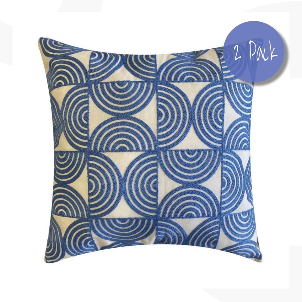NEW Set of 2 Decorative Stitch Square Pillows 18" × 18" Blue Embroidered Deco